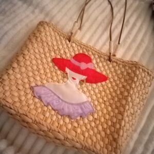 VTG Red Hat Society Woven Straw Tote with Red Hat & Lavender Accent